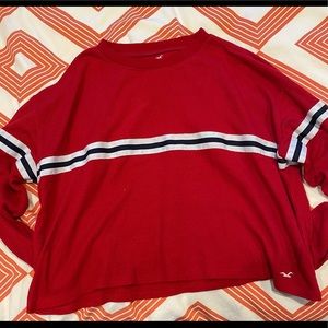 Red boyfriend shirt with white and blue stripe